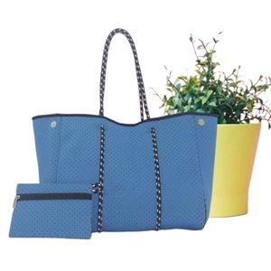 Pre loved Blue & Black Neoprene Tote Bag & Pouch Set